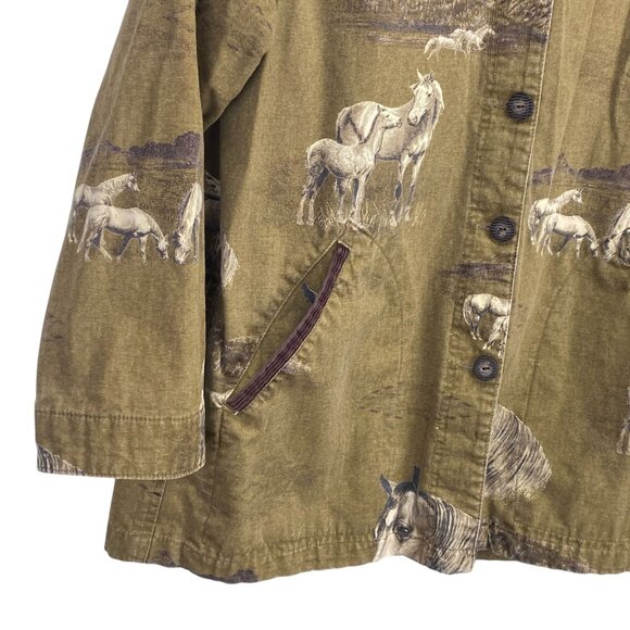 Bit & Bridle Womens L Chore Barn Jacket Brown Horse AOP Corduroy Trim Equestrian - Picture 7 of 16